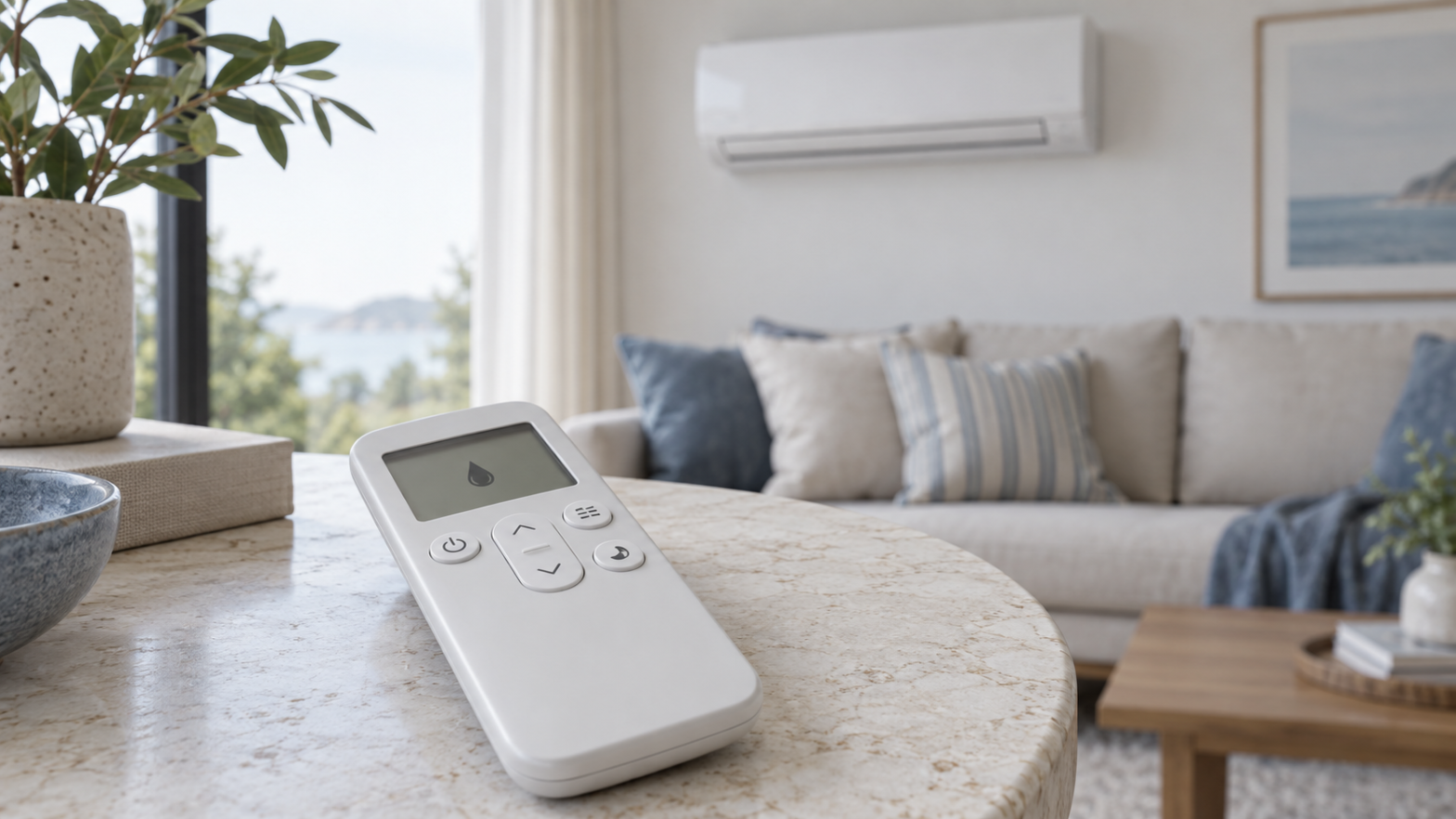 Telecomando di un climatizzatore con simbolo della goccia, davanti a uno split in ambiente domestico