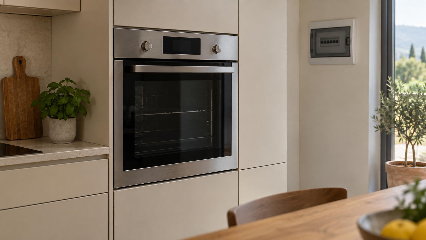 Forno elettrico da incasso spento e chiuso in una cucina ordinata, con un quadro elettrico domestico sullo sfondo