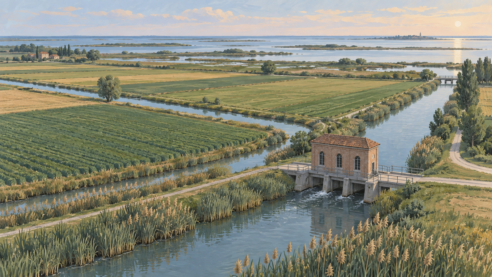 Illustrazione del paesaggio del Delta del Po con canali, campi e un impianto idrovoro