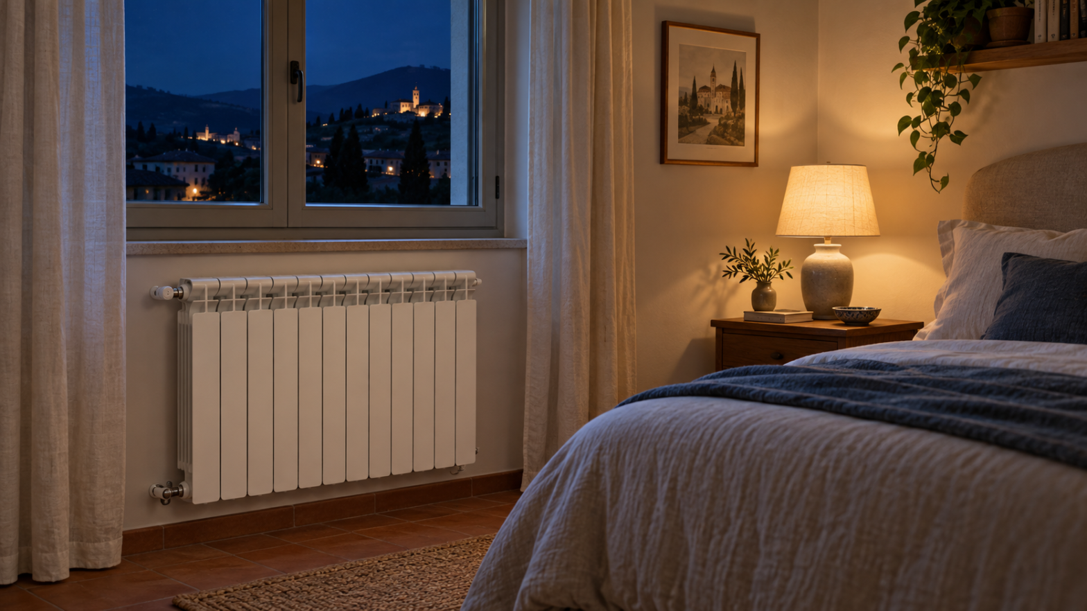 Radiatore in una camera da letto illuminata da una lampada sul comodino durante la sera