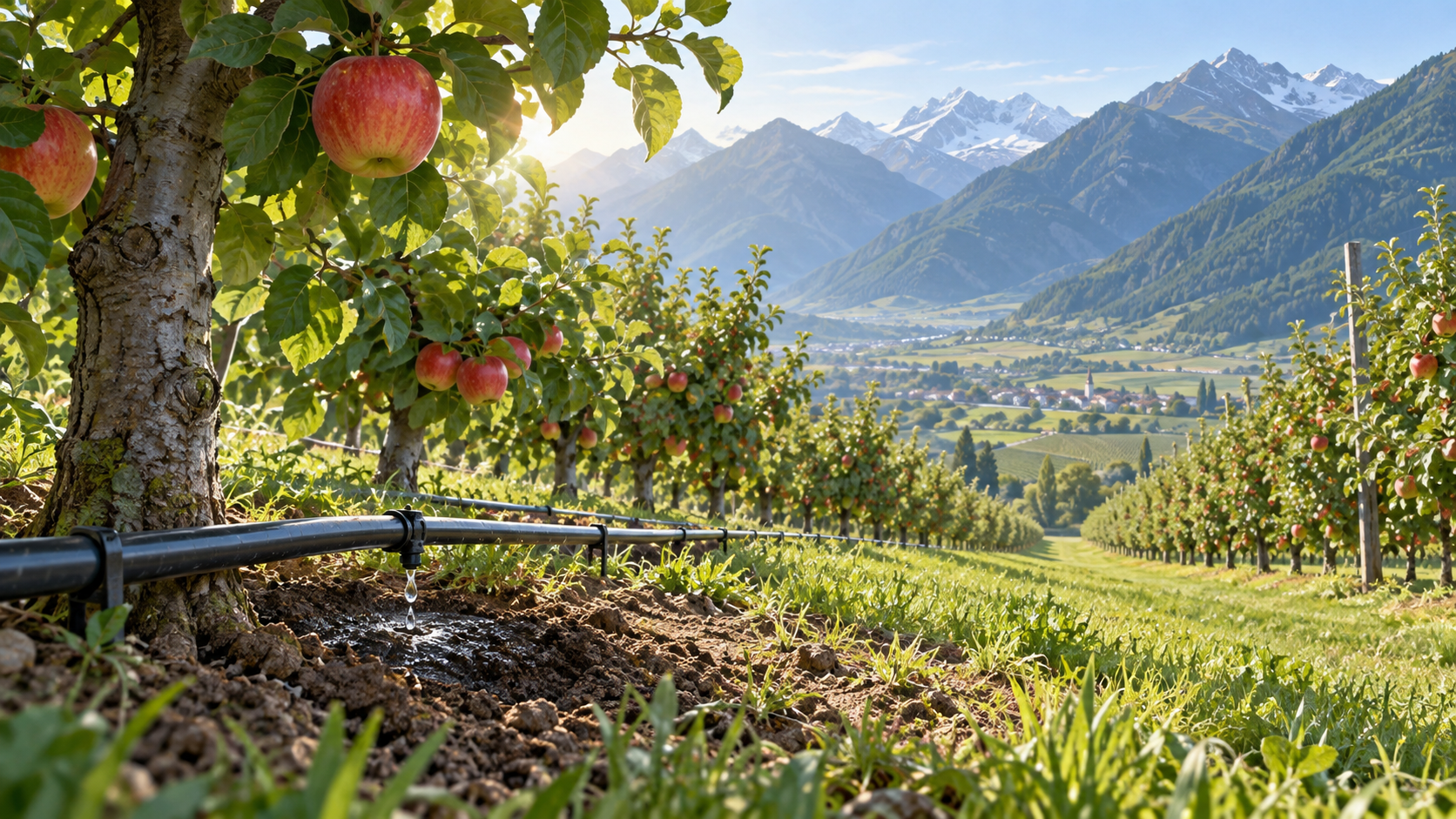 Illustrazione di irrigazione a goccia tra filari di un frutteto in una valle alpina